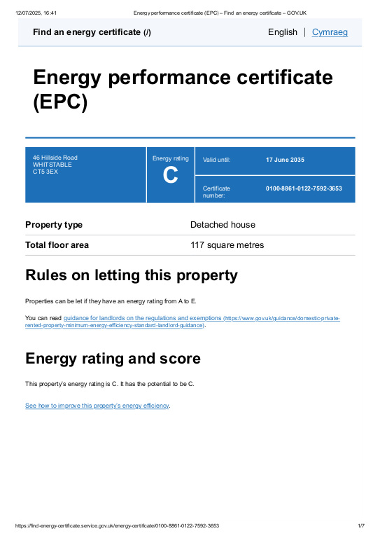 EPC Graph for Hillside Road, Whitstable, Kent