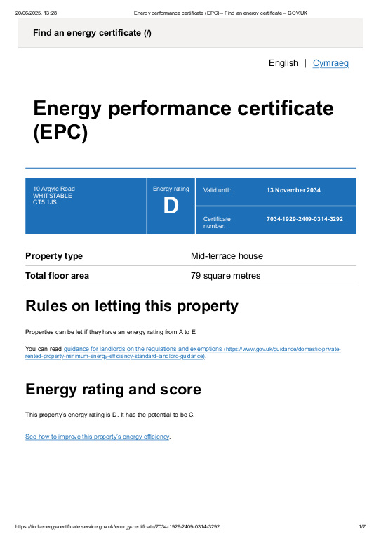 EPC Graph for Argyle Road, Whitstable